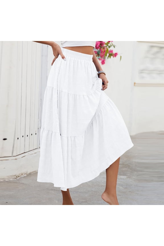 Long Skirts for Women Summer Plus Size New Women's Summer Casual Elegant Layered Tiered Maxi Skirt High Waisted a Line Flowy Long Skirts with Pockets White XXL