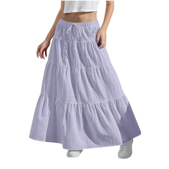 Long Skirts for Girls Fashion Solid Color Elastic Waisted Casual Flowy Maxi Skirt with Drawstring Beach Vacation Clothes for Kids 4-15Years