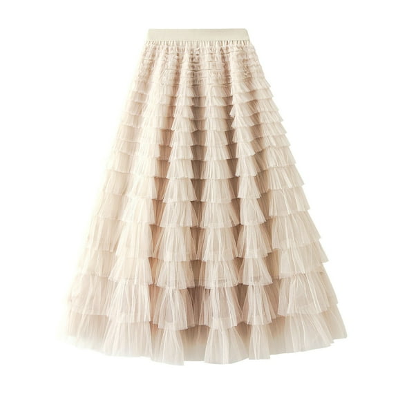 Long Skirts for Women A Line Pleated Long Tutu Skirt Ruffle Calf Length High Waist Skirt Summer Clothes for Women Beige L