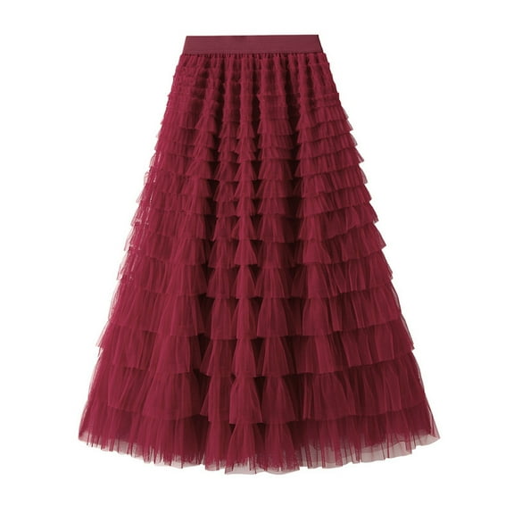 Long Skirts for Women A Line Pleated Long Tutu Skirt Ruffle Calf Length High Waist Skirt Womens Clothes Wine L