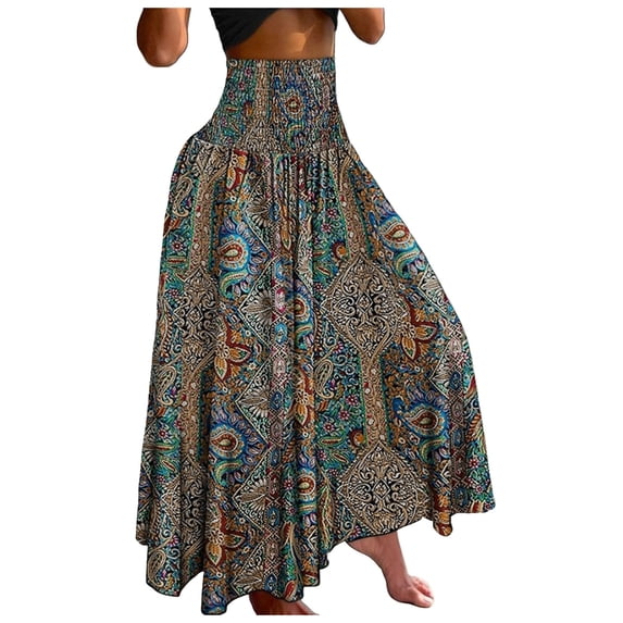 Long Skirts for Women Bohemian Lace Up Floral Print Long Skirt Female Loose Split Boho Womens Clothes Sky Blue S