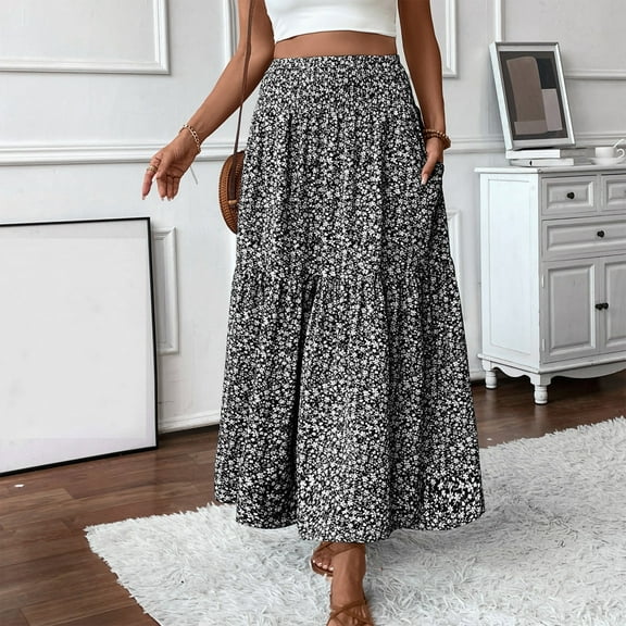 Long Skirts for Women Boho Floral High Waisted Casual A Line Skirt Pleated Beach Flowy Swing Maxi Skirt with Pockets Black M