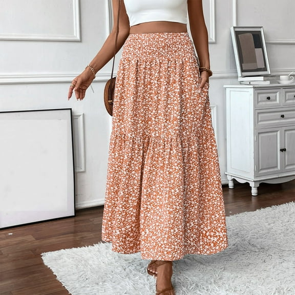 Long Skirts for Women Boho Floral High Waisted Casual A Line Skirt Pleated Beach Flowy Swing Maxi Skirt with Pockets Orange XL