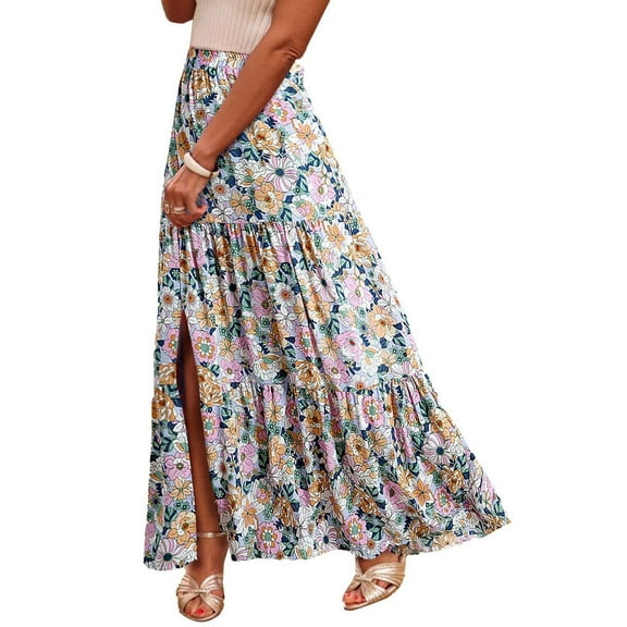 Long Skirts for Women Boho High Waist Printed Maxi Skirt Summer Casual Flowy Swing Pleated Skirts