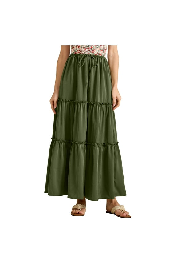Long Skirts for Women Boho Maxi Skirt Summer Pleated Tiered A-Line Elastic High Waist Flowy Long Beach Skirt