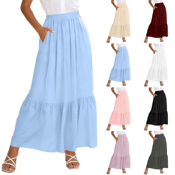 Long Skirts for Women Elastic High Waist Aline Skirt Casual Flowy Tiered Skirt with Pockets Summer Floral Boho Skirt White