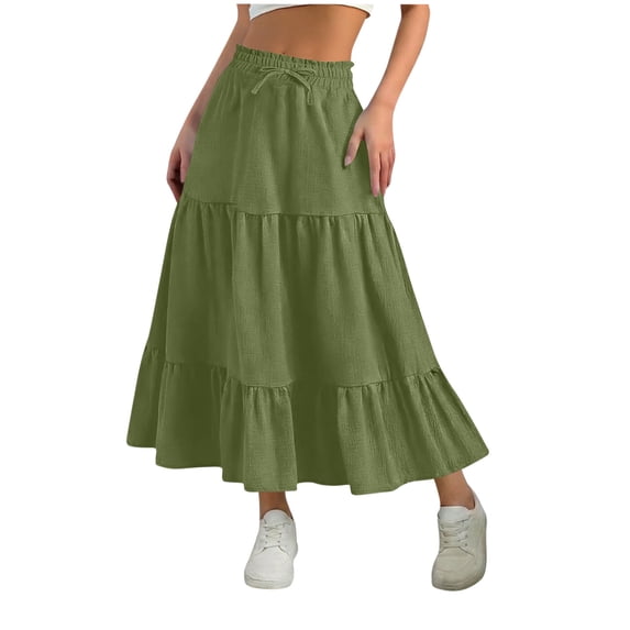 Long Skirts for Women Elastic High Waisted Drawstring Skirt Tiered Ruffle Hem A-Line Flowy Dress