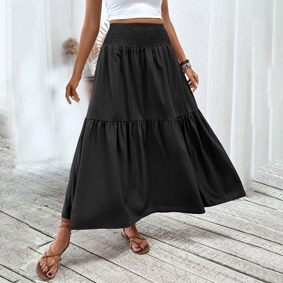 Long Skirts for Women Elastic Waist A-Line Pleated Skirt Casual Flowy Summer Daywear Ankle Length Lounge Travel Beach Maxi Skirt