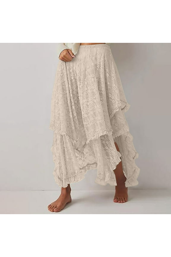 Long Skirts for Women Elastic Waist Lace Ruffle Tiered Maxi Skirt for Women Irregular Hem Boho Casual Party Beach Flowy Skirts