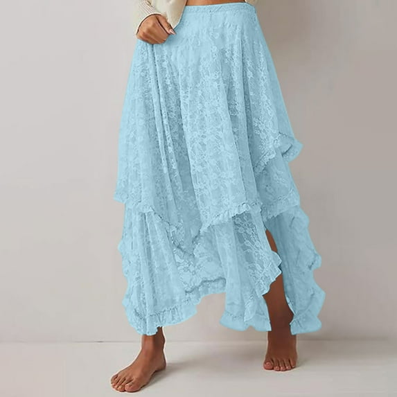 Long Skirts for Women Elastic Waist Lace Ruffle Tiered Maxi Skirt for Women Irregular Hem Boho Casual Party Beach Flowy Skirts