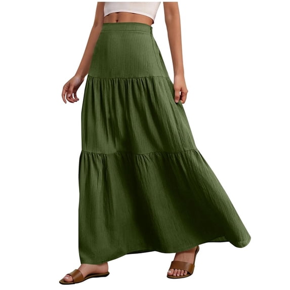 Long Skirts for Women Fashion Casual Solid Color Elastic Waist Ruffled Ankle Length Skirt