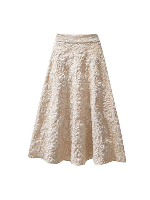 Long Skirts for Women Flower Jacquard High Waist Skirt Midi Swing Skirt Summer Clothes for Women Beige L