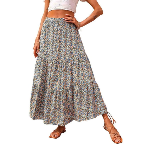 Long Skirts for Women Flower Printed Summer Casual Ruched Elastic Waist Maxi Skirt Holiday Beach Clothing Womens Skirt