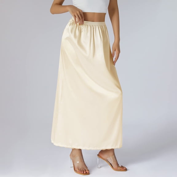 Long Skirts for Women Half Soft Satin Solid Color Lace Hem Underskirt Lightweight Casual Womens Skirt Beige L