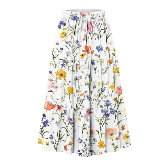 Long Skirts for Women High Waist A Line Skirt Casual Flowy Tiered Pleated Skirt with Drawstring Pockets Summer Leisure Vacation Printed Boho Skirt