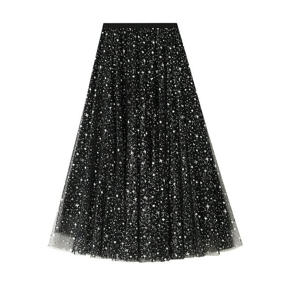 Long Skirts for Women LEBONYARD Midi Skirt with Pleats,Women's Star Gauze Skirt Sequin Puffy Skirt Prom Skirt Black Free Size