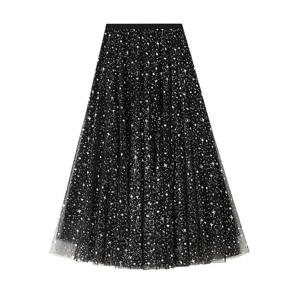 Long Skirts for Women LEBONYARD Midi Skirt with Pleats,Women's Star Gauze Skirt Sequin Puffy Skirt Prom Skirt Black Free Size