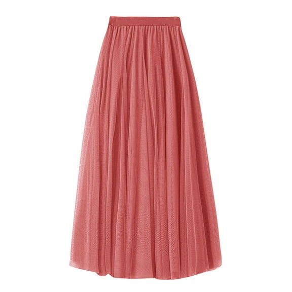 Long Skirts for Women Solid Color High Waisted Tulle A Line Skirt Flowy Tiered Pink 80