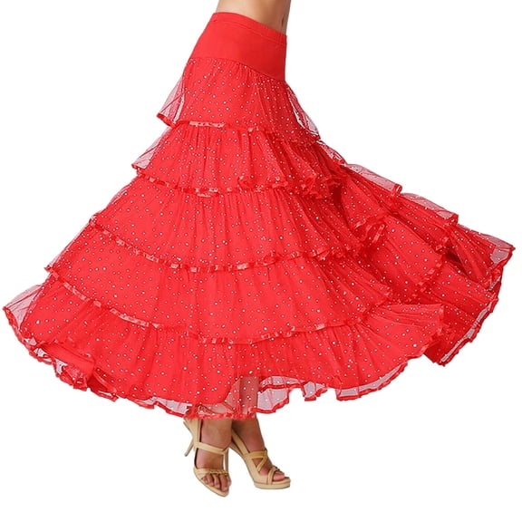 Long Skirts for Women Sparkling Sequin Dance Skirt with Flared Hem Long Ballroom Skirt for Modern Performance Red One Size
