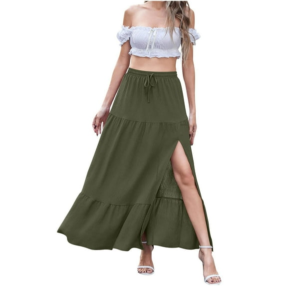 Long Skirts for Women Summer Fashion Solid Color Elastic Waist Maxi Skirt with Drawstring Plus Size Beach Vacation Clothes for Women