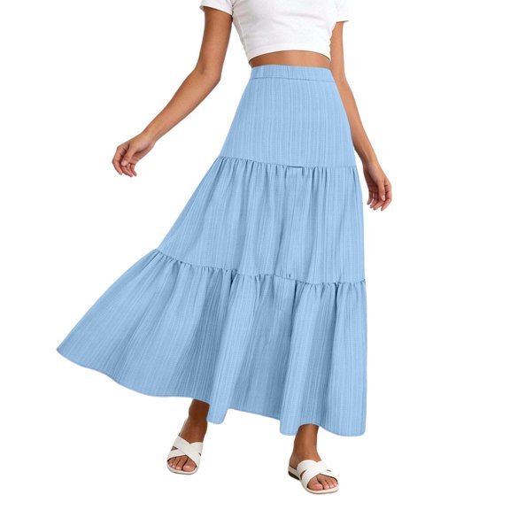 Long Skirts for Women Trendy Ruffle Hem Solid Color Stretchy Vacation Outfits Long Skirts for Women Boho Maxi Skirt with Pockets