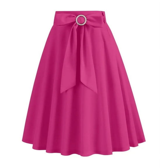 Long Skirts for Women Trendy Vintage Flare Skirt Midi Length Casual Soft High Waisted Bow A Line Summer Skirts Hot Pink L