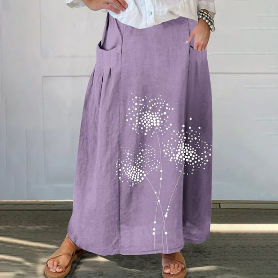 Long Skirts for Women Viikei Women's Skirt in Lightweight Chiffon,Women's Printed Elastic Waistband Pleated Pocket Skirt With Mid Calf Skirt Purple S