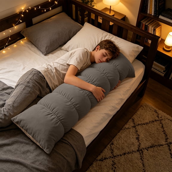 Long Sleeping Pillow Cushion, Special Side Sleeping Support Pillow Design for Bed Comfort, Extra Long Body Pillow for Bedroom Rest Relaxation and Home Bedding Decoration with Soft Cover, Gray