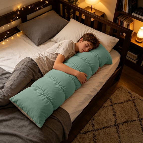 Long Sleeping Pillow Cushion, Special Side Sleeping Support Pillow Design for Bed Comfort, Extra Long Body Pillow for Bedroom Rest Relaxation and Home Bedding Decoration with Soft Cover, Green