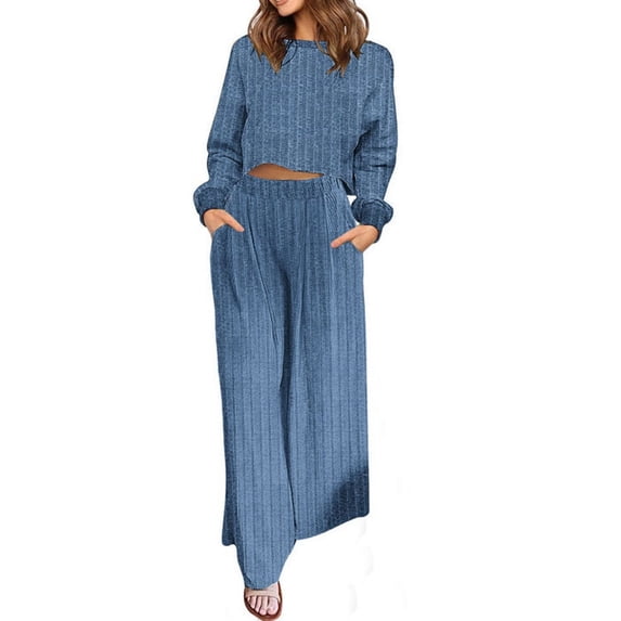 Long Sleeve 2 Pieces Sets Women Crop Tops & Wide Leg Pants