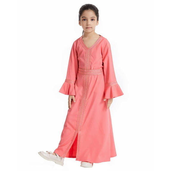 Long Sleeve Abaya for Girls Dresses Kids Printed Maxi Prayer Clothes Robe
