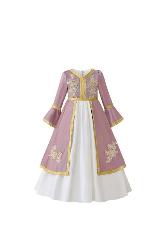 Long Sleeve Abaya for Girls Muslim Islamic Dresses Kids Printed Maxi Prayer Clothes Robe Purple 7-8 Years