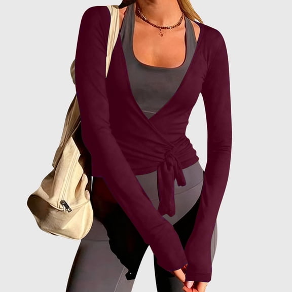 Long Sleeve Active Tops for Women Workout Yoga Wrap Top Self Tie Blouses