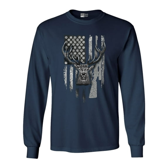 Long Sleeve Adult T-Shirt American Flag Hunting Deer Patriotic Support DT