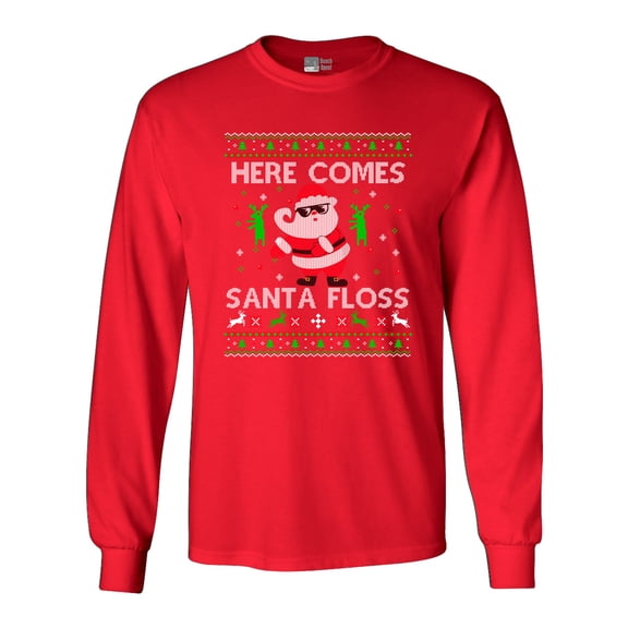 Long Sleeve Adult T-Shirt Here Comes Santa Floss Dance Christmas Funny DT