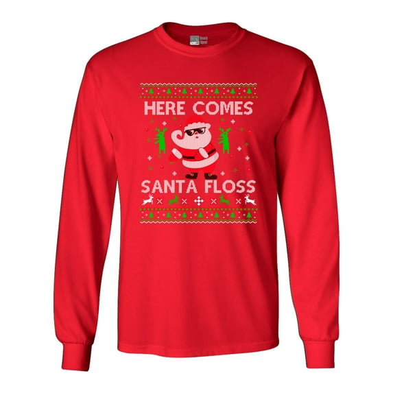 Long Sleeve Adult T-Shirt Here Comes Santa Floss Dance Christmas Funny DT