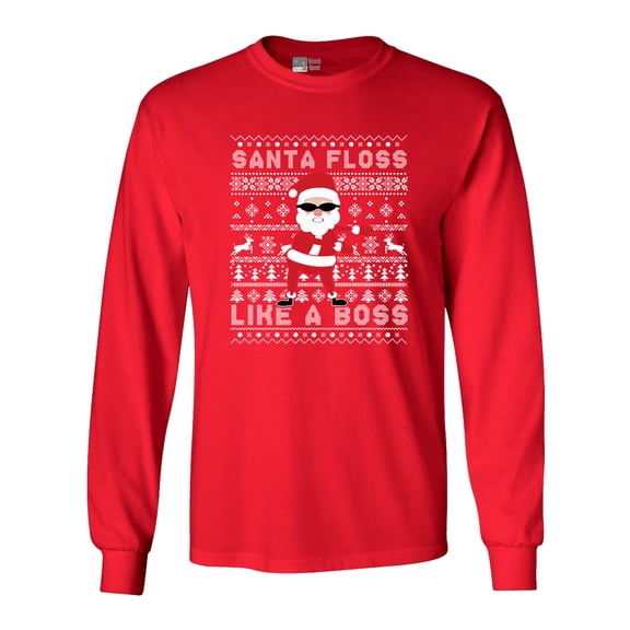 Long Sleeve Adult T-Shirt Santa Floss Like A Boss Christmas Funny DT