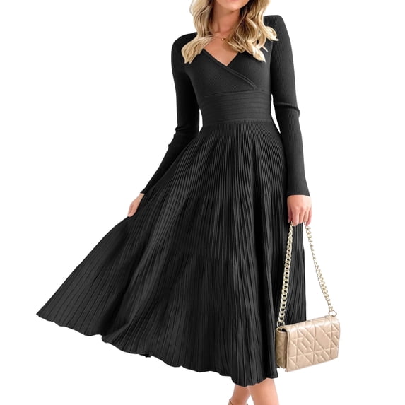 Long Sleeve Autumn Winter Women V-neck Slim Fit Knit Dress Knee-length Maxi Dress