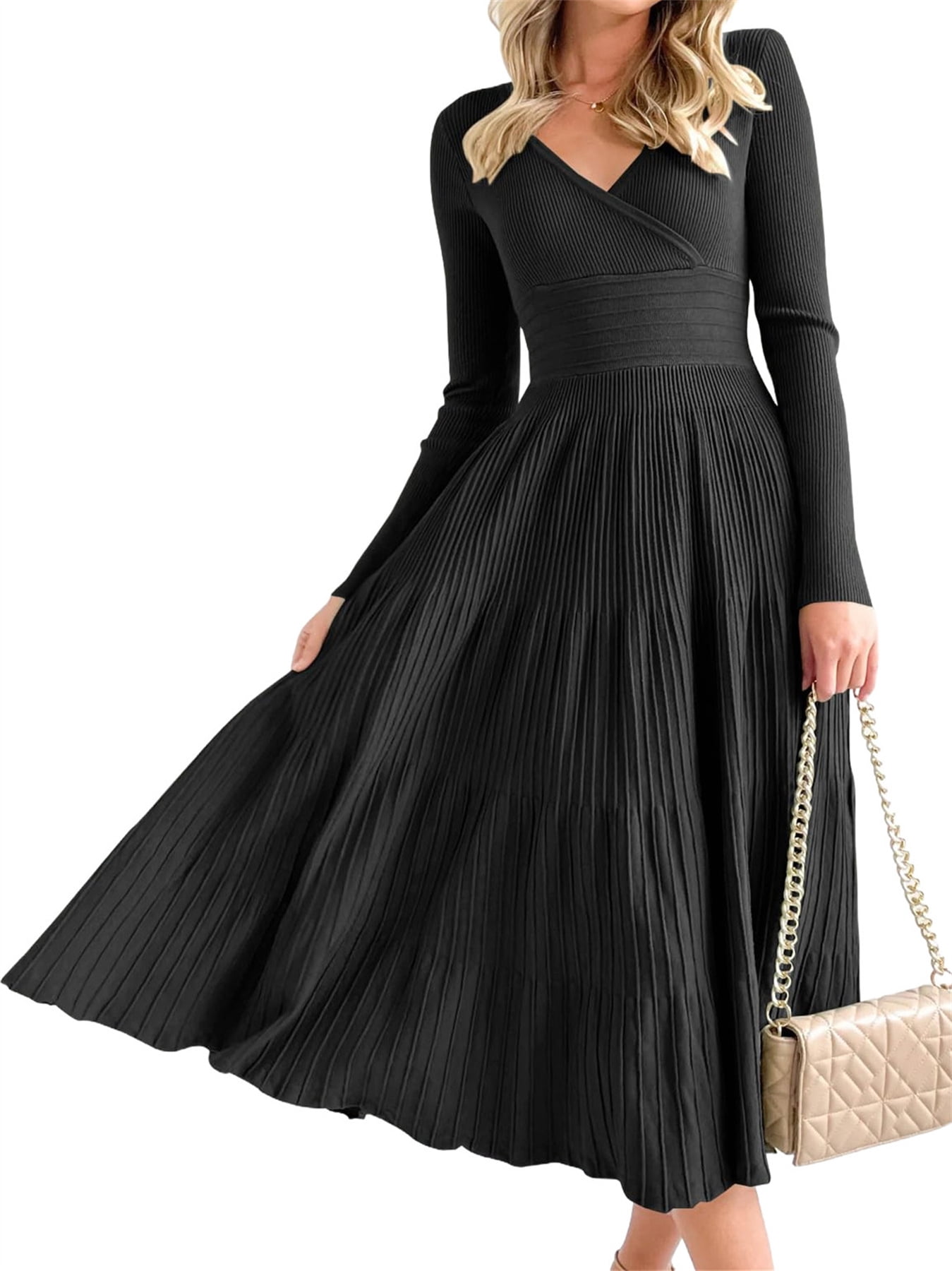 knee length maxi dress for women Long Sleeve Autumn Winter V-neck Slim Fit Knit Knee-length Dress style:flowy