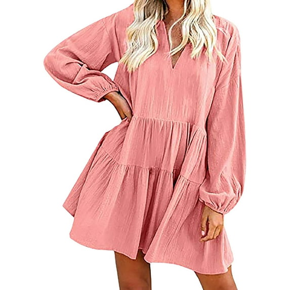 Long Sleeve Babydoll Dress for Women Summer V Neck Pleated Flowy Dress Solid Color Loose Waist Dresses Knee Length