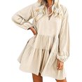 thumbnail image 1 of Long Sleeve Babydoll Dress for Women Summer V Neck Pleated Flowy Dress Solid Color Loose Waist Dresses Knee Length, 1 of 7