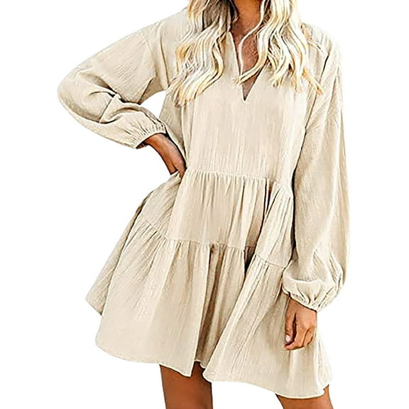 Long Sleeve Babydoll Dress for Women Summer V Neck Pleated Flowy Dress Solid Color Loose Waist Dresses Knee Length