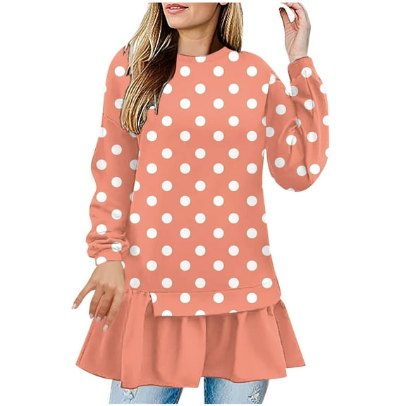 Long Sleeve Babydoll Mini Dress for Women Layered Ruffled Hem Rainbow Stripe Polka Dot Color Block Extra Length Orange S