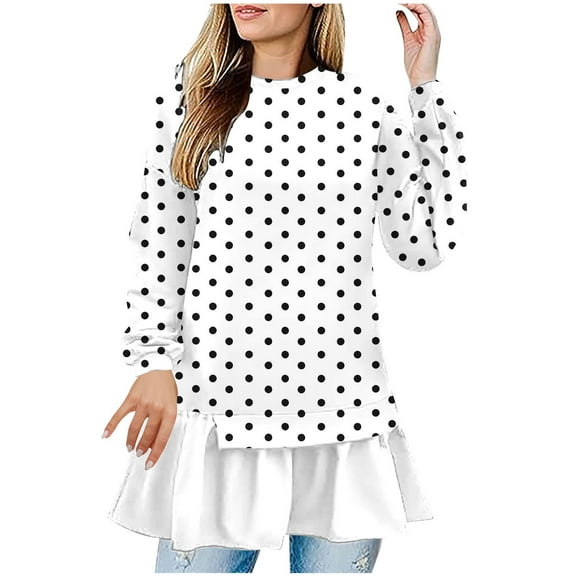 Long Sleeve Babydoll Mini Dress for Women Layered Ruffled Hem Rainbow Stripe Polka Dot Color Block Extra Length White XL