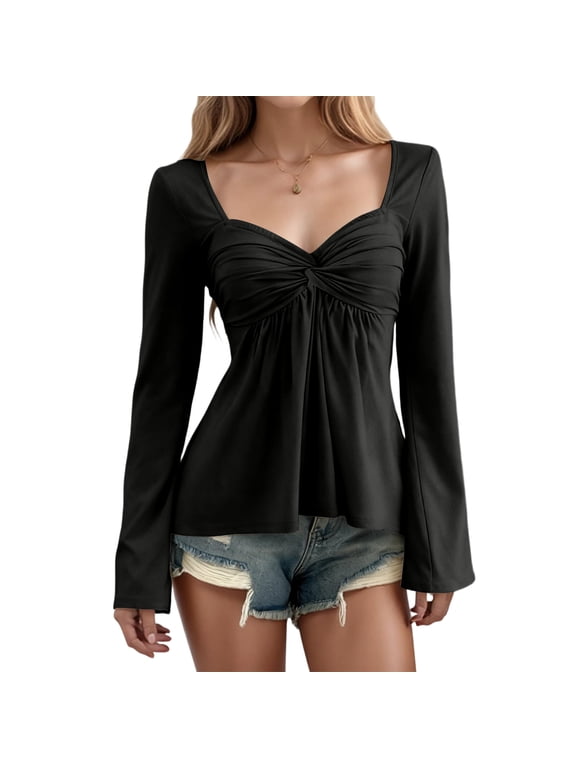 Long Sleeve Babydoll Tops for Women Sweetheart Neckline Peplum Tops Petite Knotted Wrap V Neck Shirts Black L