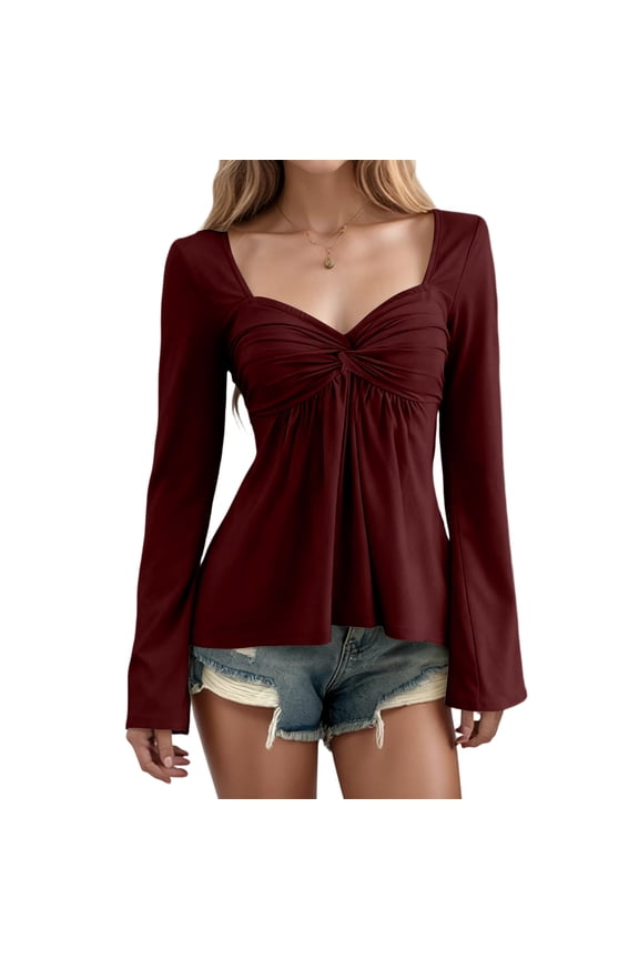 Long Sleeve Babydoll Tops for Women Sweetheart Neckline Peplum Tops Petite Knotted Wrap V Neck Shirts Wine S