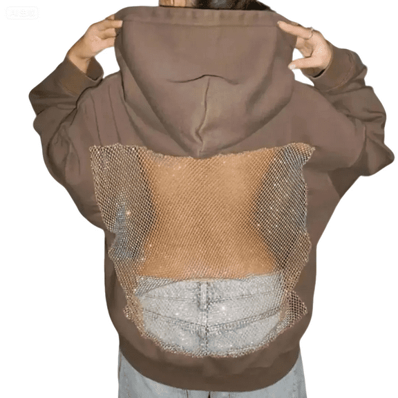 Long Sleeve Backstage Crystal Mesh Hoodie with Mesh Print Back Graphic Casual Pullover Hoodies Drawstring Womens Sweatshirt 01-Brown XXL