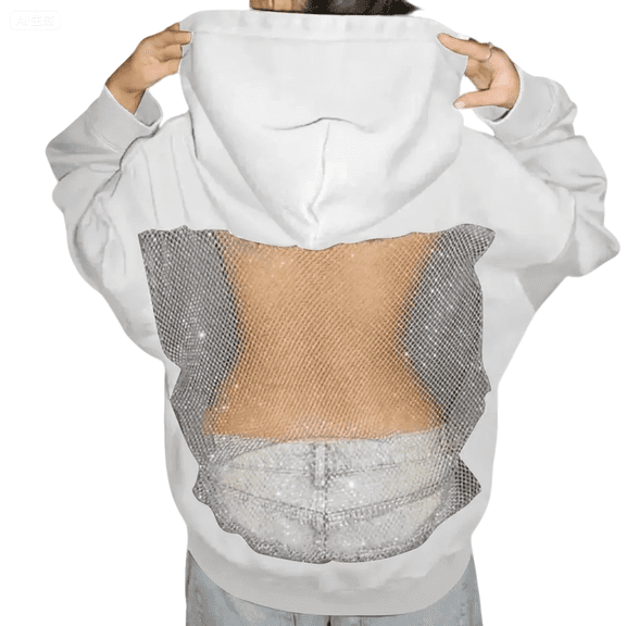 Long Sleeve Backstage Crystal Mesh Hoodie with Mesh Print Back Graphic Casual Pullover Hoodies Drawstring Womens Sweatshirt 01-White M