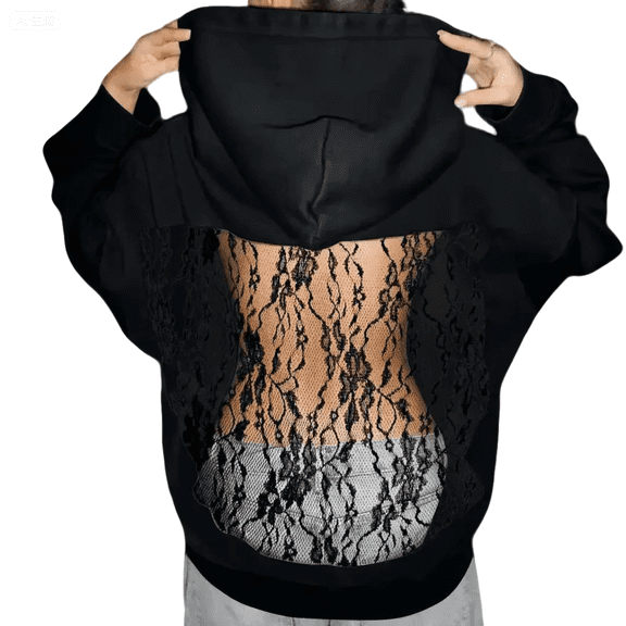 Long Sleeve Backstage Crystal Mesh Hoodie with Mesh Print Back Graphic Casual Pullover Hoodies Drawstring Womens Sweatshirt 02-Black L