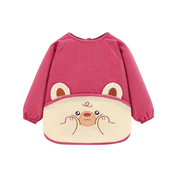 Long Sleeve Bibs Toddler Kids Funny Apron Corduroy Coverall Dirt-Proof Apron Reverse Wearing Cute Soft Bibs, Hot Pink, 1 Years